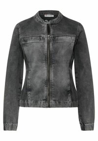 Chaqueta vaquera gris con cuello redondo, cremallera frontal y bolsillos laterales. Diseño ajustado con puños y dobladillo elásticos. Textura ligeramente desgastada.