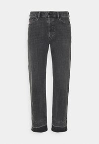 Gray denim jeans with a straight-leg cut, featuring a front button and zipper closure, five pockets, and a folded hemline detail.