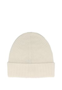 Knitted cream beanie with a ribbed texture, featuring a folded cuff, and a rounded top design. Simple and minimalistic style.