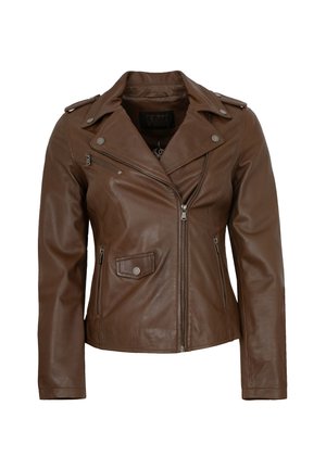 Braune Lederjacke mit asymmetrischem Reißverschluss, Druckknopf-Details und Fronttaschen. Glatte Textur und taillierte Passform.