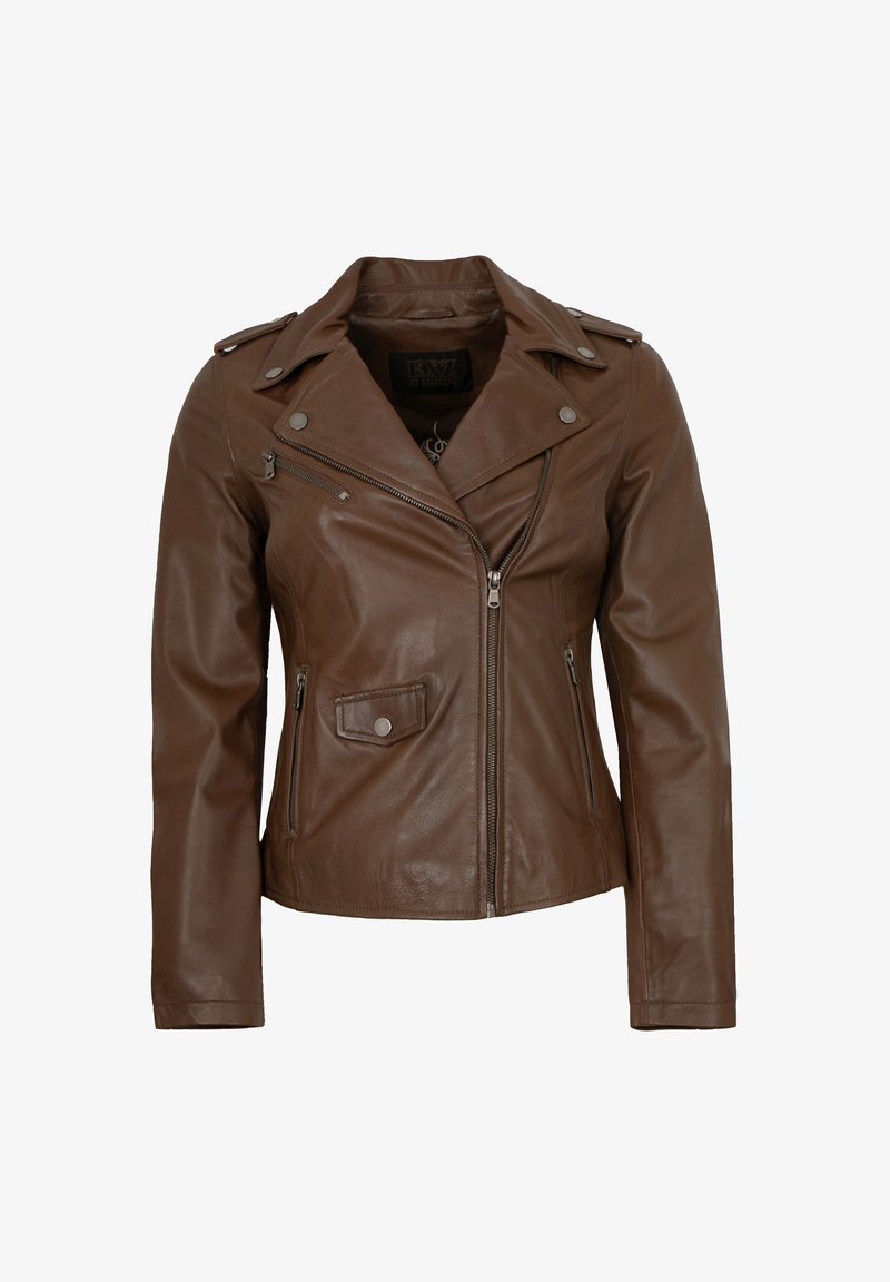 Braune Lederjacke mit asymmetrischem Reißverschluss, Druckknopf-Details und Fronttaschen. Glatte Textur und taillierte Passform.