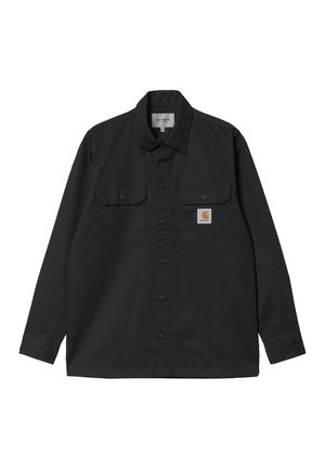 Black long-sleeve button-up shirt with two chest pockets, one featuring a small Carhartt logo patch.