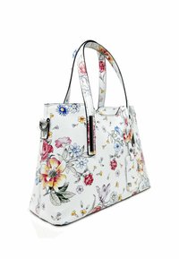 Borsa a mano con stampa floreale realizzata in materiale sintetico bianco. Presenta dettagli neri, doppi manici e una forma strutturata con chiusura a zip.