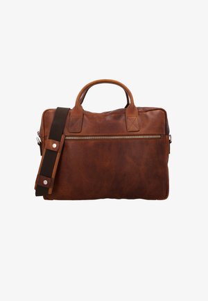 Brūna ādas ziņojumu soma ar augšējo rokturi, noņemamu plecu siksnu un priekšējo kabatu ar rāvējslēdzēju. Strukturēta virsma un šuvju detaļas.