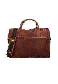 Borsa messenger in pelle marrone con manico superiore, tracolla rimovibile e tasca frontale con cerniera. Superficie testurizzata e dettagli di cucitura.