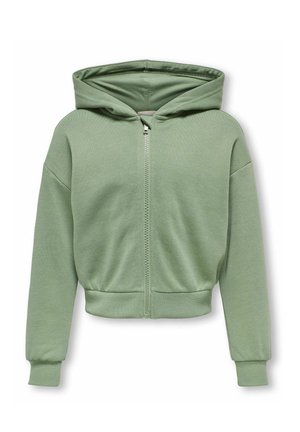 Veste à capuche verte zippée en tissu doux, avec une grande capuche, des poignets à côtes et un design court. Texture lisse et style décontracté.
