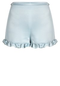 Light blue shorts made of satin fabric with a ruffled hem. The design features a simple, smooth shape with a fitted waist.