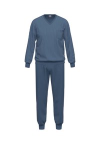 Sininen collegepaita tekstuurikuviolla, V-pääntiellä ja taskulla; yhdistetty samansävyisiin collegehousuihin, joissa on elastiset hihansuut ja rento malli.