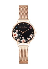 Runder schwarzer Floral-Armbanduhr mit goldfarbenem Mesh-Armband. Verfügt über ein florales Muster, diamantähnliche Indizes und ein poliertes roségoldenes Gehäuse.