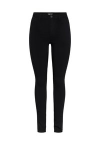 Svart högmidjade slim-fit jeans med framfickor, bälteshällor och knappstängning.