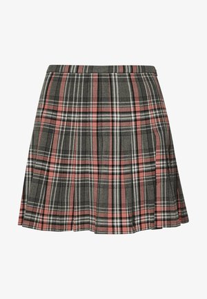 Karierten Rock in Grau mit rosa und weißen Akzenten, mit Falten und einem Taillenband. Der Stoff hat eine weiche, gewebte Textur.