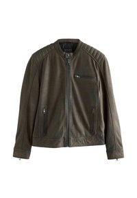 Dunkelolivgrüne Lederjacke mit Stehkragen, horizontalen Nähten auf den Schultern und drei Reißverschlusstaschen. Glatte Textur und taillierte Passform.