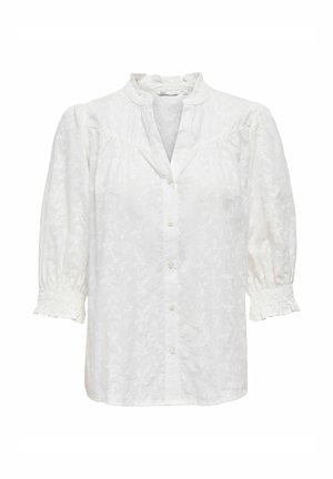 White button-up blouse with floral jacquard pattern, three-quarter puff sleeves, ruffled cuffs, and a small stand collar.
