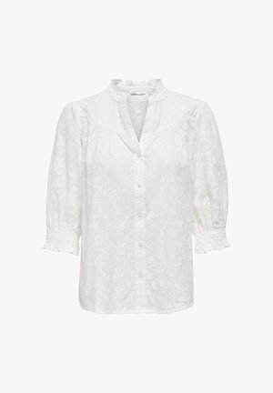 Hvid skjorte med blomster jacquard mønster, trekvart puffede ærmer, flæse manchetter og en lille ståkrave.