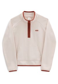 Sudadera de color rosa claro con cuello de media cremallera, detalles rojos, bolsillo frontal tipo canguro y un pequeño logo de Vans en el pecho.