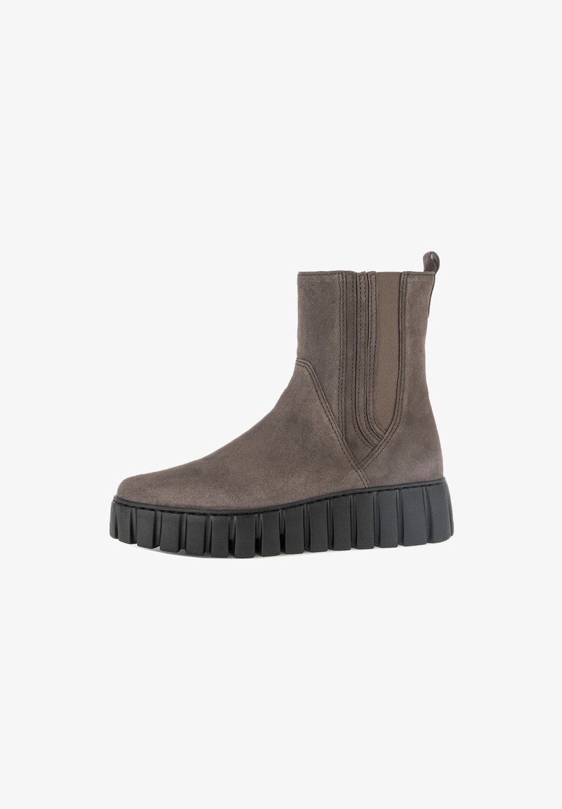 Brown suede ankle boot featuring elastic side panels, rounded toe, and a textured black rubber sole with a ridged design.