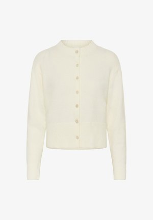 Kermainen, pitkähihainen neulecardigan, jossa on ribbireunukset kauluksessa, hihansuissa ja helmaresorissa. Neuleessa on edessä napitettava suljenta, jossa on kahdeksan nappia.