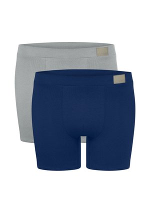 Zwei Paar Herren-Boxershorts, eines navyblau vorne und eines hellgrau hinten, beide mit einem kleinen rechteckigen Markenetikett am Bund.