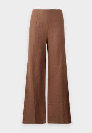 Brown wide-leg trousers made from a textured fabric. They feature a high waist with two front pleats and straight, flowing legs.