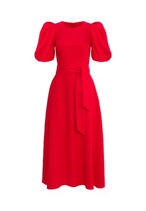 Czerwona sukienka do kolan wykonana z gładkiego materiału. Posiada bufiaste rękawy, paski w talii oraz okrągły dekolt z zapięciem na zamek z tyłu.
