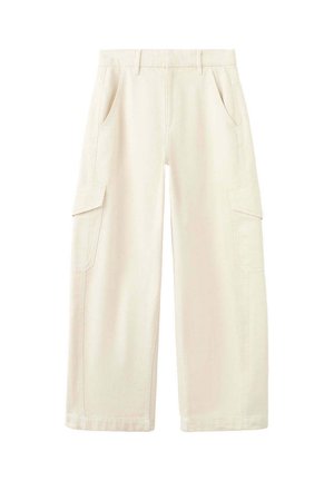 Pantalon cargo beige clair à jambes larges avec poches à rabat latérales et poches latérales avant, passants de ceinture et taille haute.