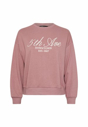 Roze sweatshirt met lange mouwen, ronde hals en geribbelde manchetten. Voorzien van witte tekst: "5th Ave DOWNTOWN EST. 1987" op de voorkant.