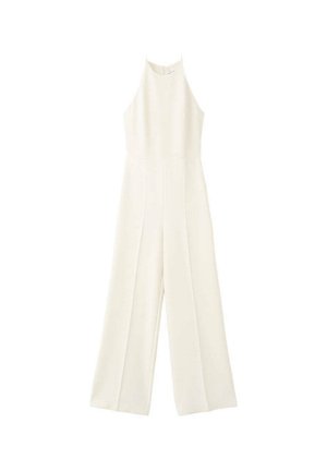 Sleeveless white jumpsuit with high neckline, fitted waist, wide-leg pants, and back zipper closure.