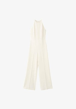 Sleeveless white jumpsuit with high neckline, fitted waist, wide-leg pants, and back zipper closure.