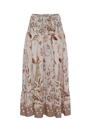 Lang, flydende nederdel med smocket talje og blomsterprint i nuancer af pink, grøn og brun på en lys beige baggrund.