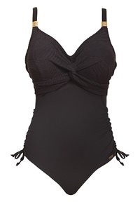 Maillot de bain une pièce noir avec un corps texturé, un design à l'avant twisté, des bretelles réglables avec des accents dorés et un froncé sur les côtés.