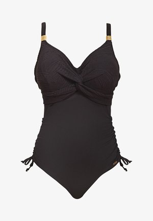Zwart badpak met een gestructureerde stof, een gedraaide voorkant, verstelbare bandjes met gouden accenten en zijsarringen.