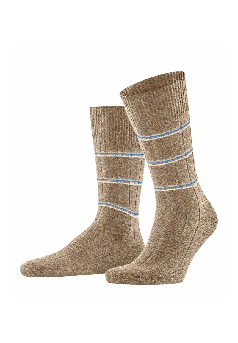 Calze marroni con polsini a coste, caratterizzate da strisce blu e bianche. Realizzate in un materiale a maglia testurizzata, progettate per calore e comfort.