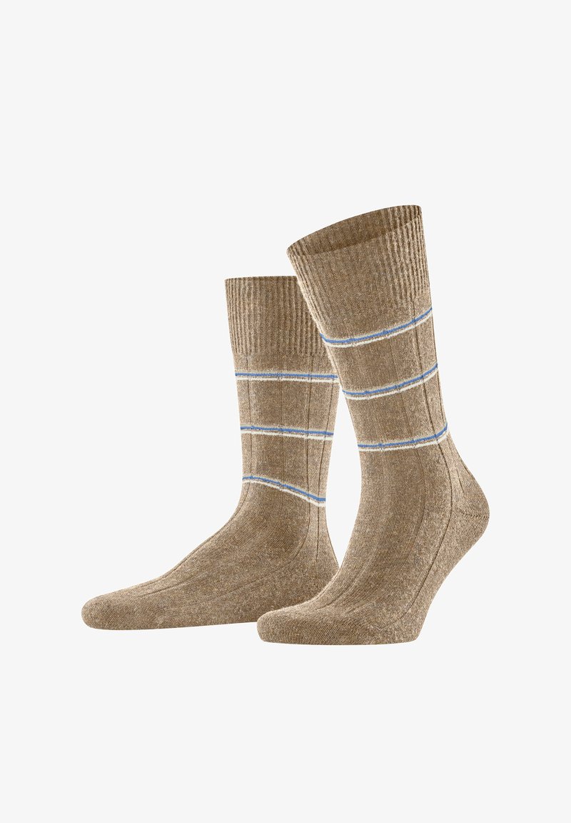 Calze marroni con polsini a coste, caratterizzate da strisce blu e bianche. Realizzate in un materiale a maglia testurizzata, progettate per calore e comfort.