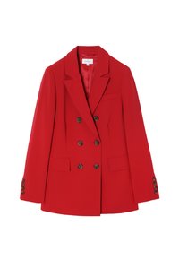 Červený dvouřadý blazer vyrobený z hladké látky, s dvěma předními kapsami, hnědými knoflíky a klopovým límcem.