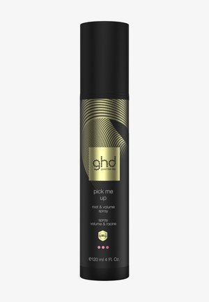 Zwarte spraybus met label ghd pick me up root and volume spray met goudpatroon en een inhoud van 120 ml, tegen een witte achtergrond.