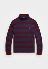 Burgunder- und marinegestreifter Rollkragenpullover aus weichem Stoff mit langen Ärmeln. Verfügt über ein kleines goldenes Logo auf der Brust.