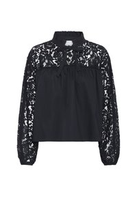 Sort bluse med blonder i ærmerne og høj halsudskæring, med en samlede bodice og en bindebånd ved halsen. Struktureret blondermønster.