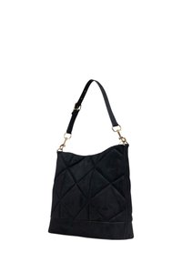 Black suede bag with diamond quilted pattern, gold hardware accents, and a single adjustable strap. Smooth texture, spacious design.