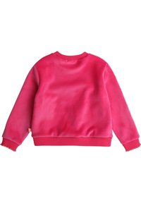 Fleece sweatshirt, felroze, ronde halslijn, ribgebreide manchetten en onderrand, zachte textuur, subtiele glans, geen zichtbare logo's of patronen.