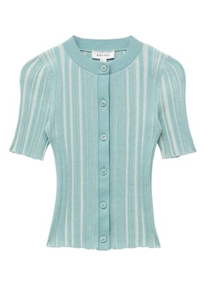 Light blue and white vertical striped short-sleeve knit cardigan with buttons down the front and a round neckline.