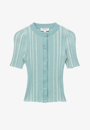 Vaaleansininen ja valkoinen pystyraitainen lyhythihainen neulejakku, jossa napit edessä ja pyöreä pääntie.