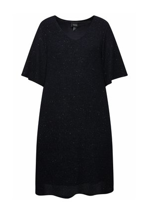 Abito nero con scollatura a V, maniche corte e vestibilità ampia. Tessuto strutturato con sottili glitter. Dettaglio a puntini sul bordo.