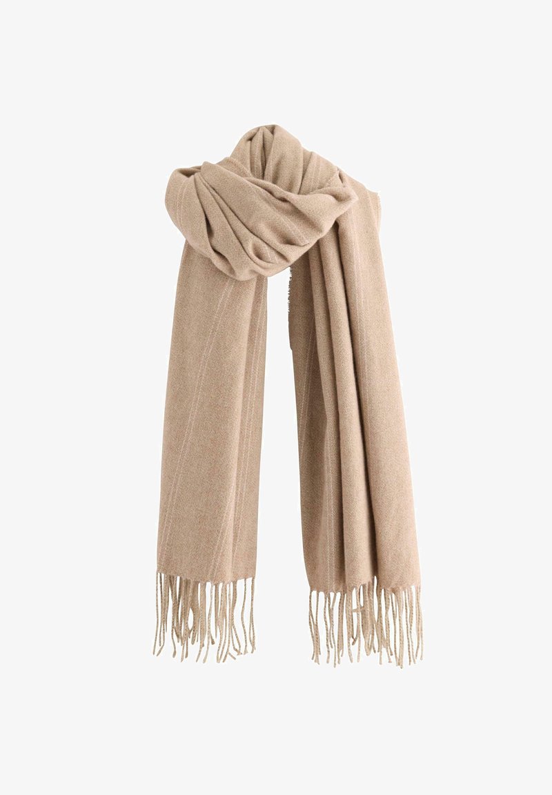 Beige ullsjaal med en mjuk textur, prydd med en snodd design och fransiga ändar. Subtil randig mönster ger visuell intresse.