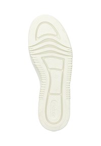 Semelle de chaussure en caoutchouc blanc avec des motifs texturés, des bords rainurés et un logo distinctif. Présente un rembourrage pour le confort et l'adhérence.