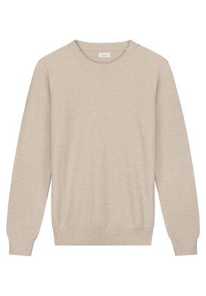 Pull en tricot beige à col rond avec des poignets et un ourlet côtelés. Présente un subtil logo sur la poitrine. Texture lisse et design léger.