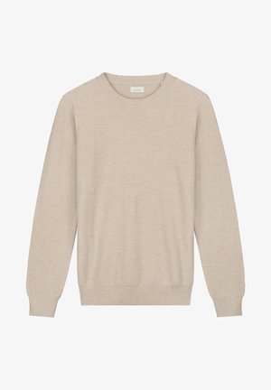 Beżowy, dzianinowy sweter z okrągłym dekoltem, z prążkowanymi mankietami i dołem. Posiada subtelny detal z logo na klatce piersiowej. Gładka tekstura i lekka konstrukcja.