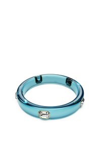 Translucent blue acrylic bracelet featuring four clear crystal accents, each set in gold-colored metal detailing. Smooth, rounded design.