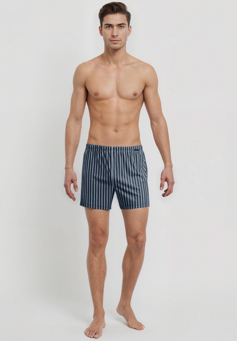 Blue and white striped swim shorts with an elastic waistband, made of lightweight fabric, featuring a classic fit and mid-thigh length.