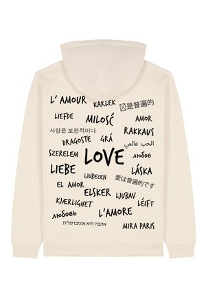 Pullover hoodie in cream with black text expressing "love" in various languages. Features a kangaroo pocket and ribbed cuffs.