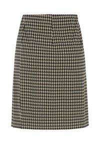 Houndstooth-kuvioinen hame mustassa ja beigeissä sävyissä, suoralla leikkauksella, vyötäröllä ja ilman näkyvää metalliosaa. Kangas näyttää sileältä ja rakenteelliselta.